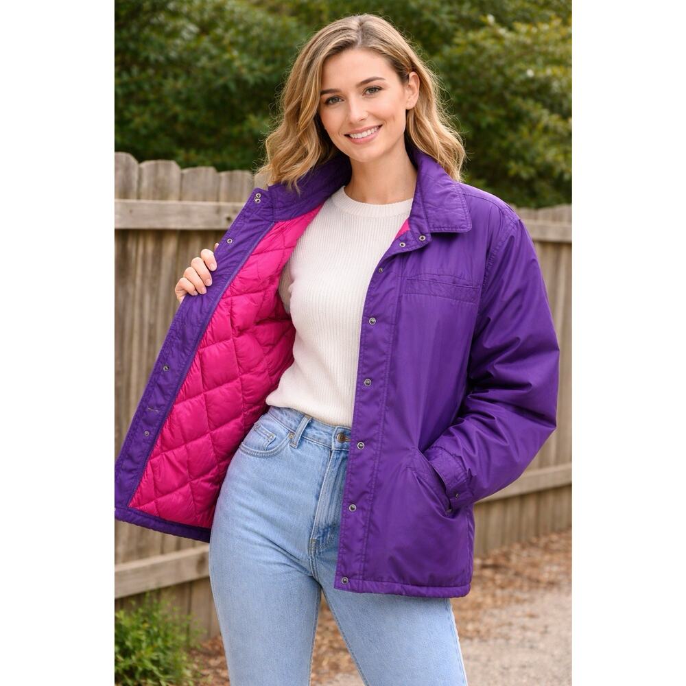 Vintage LL Bean 90’sDown Jacket Women M Purple Snap Button Chore Barn Work Wear